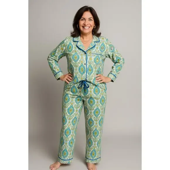 BedHead Damask Poplin Pajamas Size M Green Blu Cotton Long Sleeve Pants PJs Set - Picture 1 of 12